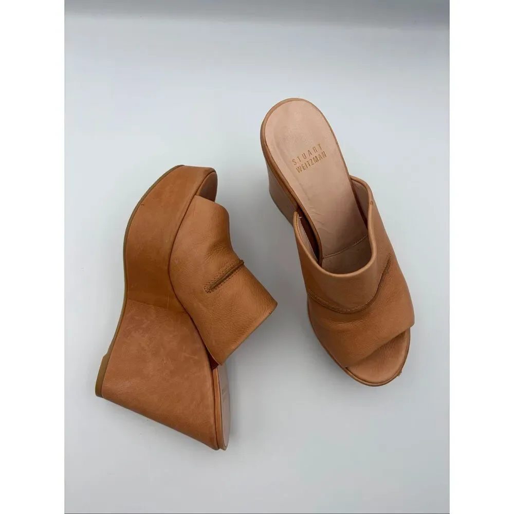 Stuart Weitzman Leather Platform Wedge Slide Sandals Tan Size 8 - Picture 12 of 12